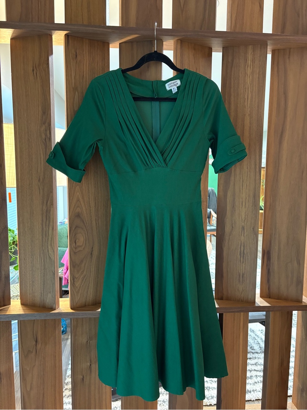 Unique Vintage Emerald Green Pleated V-Neck Midi Dress